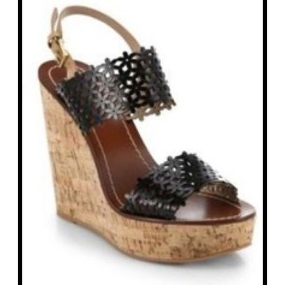 Tory Burch Daisy Cutout Leather Wedge Sandals in Black Size 9